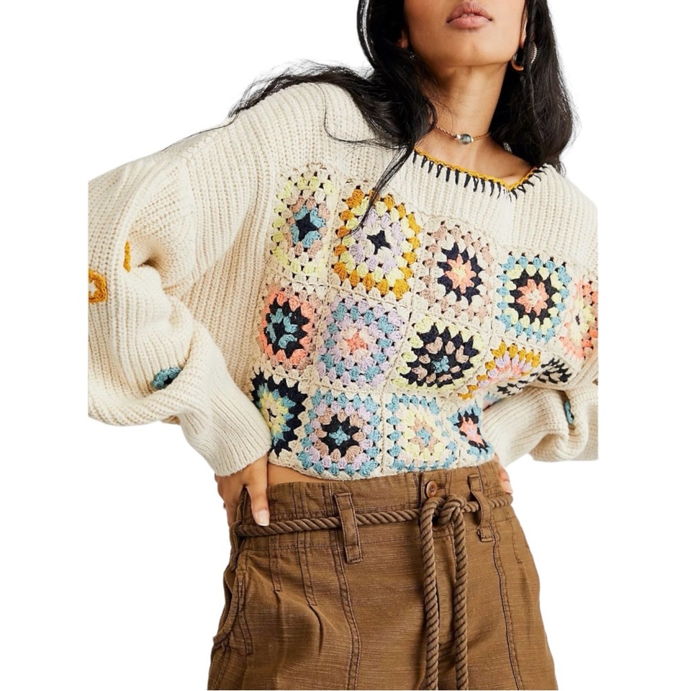 Free People Cream Multicolor Crochet Sweater